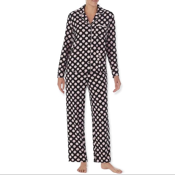 KATE SPADE Pajama Set Polka Dot Print Notch Collar Long Sleeve PJs pink Black - Picture 7 of 10